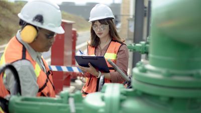 Woman in hard hat holding clipboard near machinery