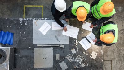 Team of people in hard hats standing around a table